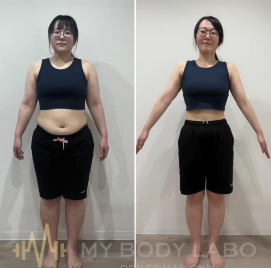 4ヶ月の対面パーソナルトレーニングで-12kg以上痩せ、お腹周りが細くなったビフォーアフター女性 正面