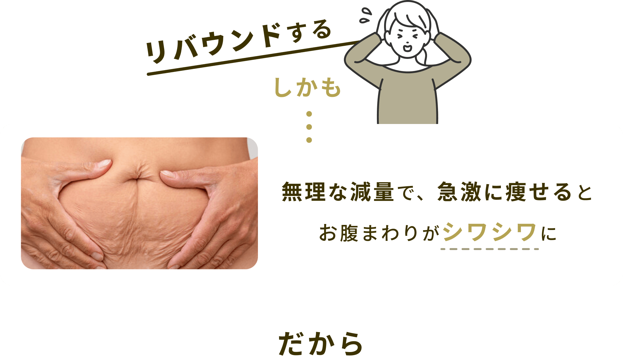 リバウンドするしかも・・・無理に痩せるとお腹まわりがシワシワに