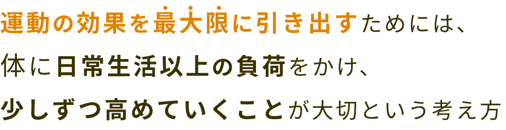 運動の効果を最大限に引き出すためには、体に日常生活以上の負荷をかけ、少しずつ高めていくことが大切という考え方