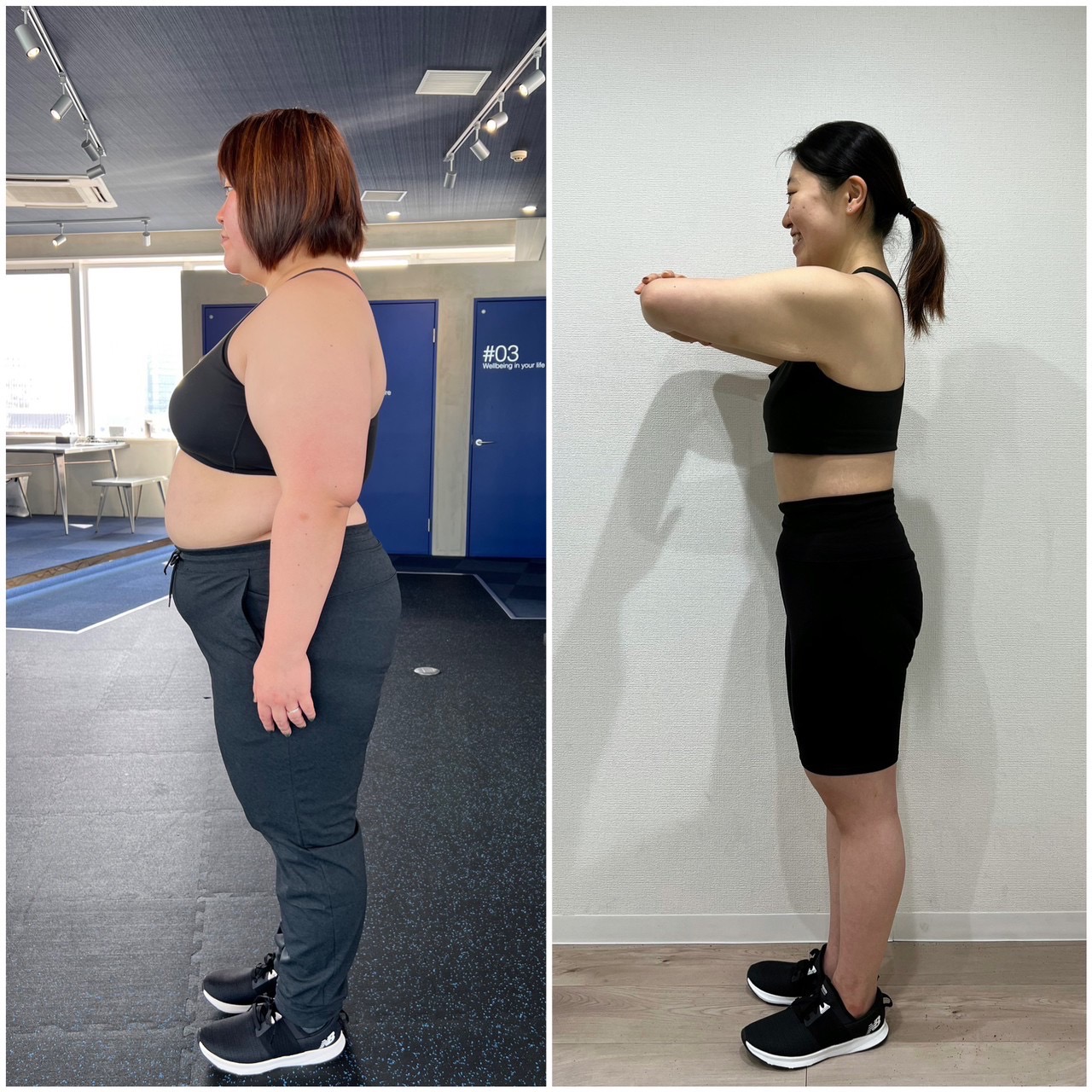 オンラインパーソナルで-43.6kgのダイエットに成功した100kg越えの女性のビフォーアフター　正面　横